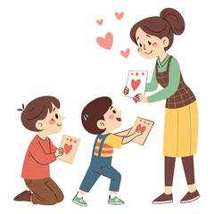 Children giving handmade cards to family hearts