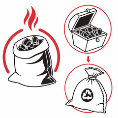 Bag of burning charcoal and recycling symbol fire heat