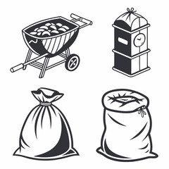 Barbecue grill charcoal bags and trash bin icons vector