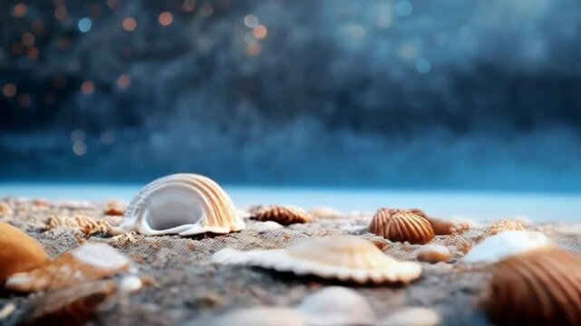 Sea shells and stars on a sandy background, creating a feeling of tranquility and closeness to nature. Suitable for travel and relaxation materials.
