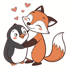 Fox embracing penguin with hearts animal embrace