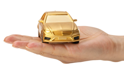 hand holding golden car model isolated