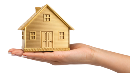 hand holding golden house model isolated