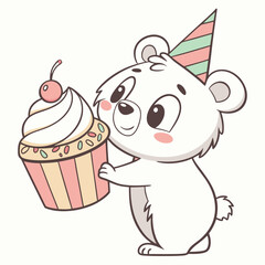 Adorable white bear with birthday cupcake and party hat