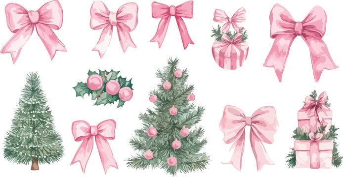 Watercolor Christmas Set with Pink Bows Trees and Gift Boxes