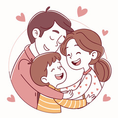 Happy family hugging with love circle hearts