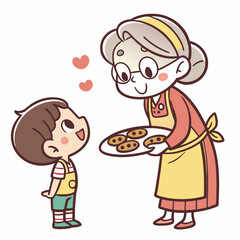 Grandma shares cookies with happy child cartoon baking