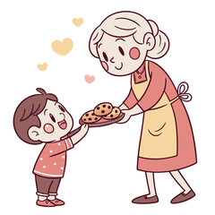 Grandma offers cookies to child with hearts baking