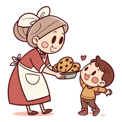 Grandma offering cookies to happy child cartoon