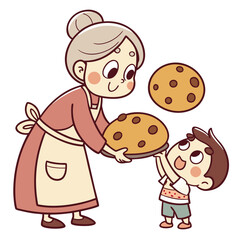 Grandmother giving cookies to happy boy baking