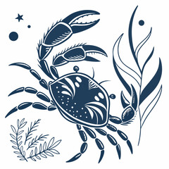 Dark blue crab with seaweed and stars aquatic plant