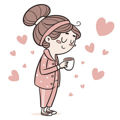 Mom enjoying coffee in pajamas morning hearts