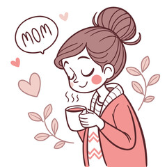 Cartoon mom enjoying warm beverage with floral accents