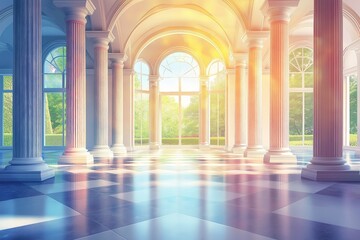 Naklejka premium Sunlight illuminates blue grand hall through large windows in palace or castle, surrounded by lush greenery