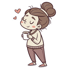 Contented woman enjoying coffee with hearts cartoon
