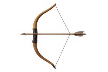 Traditional wooden bow with nocked arrow, symbolizing archery heritage against clean transparent backdrop