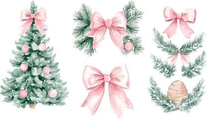 Watercolor Christmas Tree and Bows for Holiday Decoration Elements