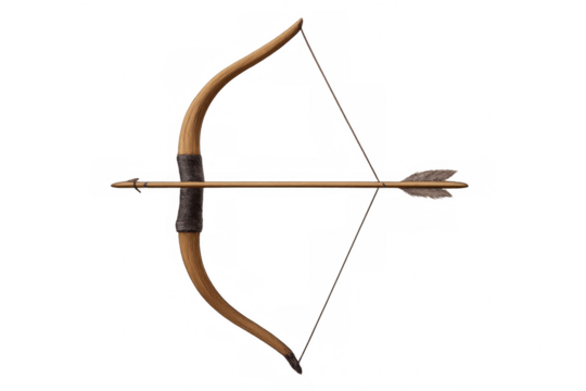 Traditional wooden bow with nocked arrow, symbolizing archery heritage against clean transparent backdrop