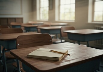 An inviting empty classroom with a notebook and pencil on a desk.