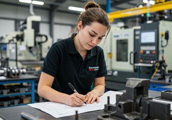 A dedicated female engineer reviewing blueprints inside a manufacturing facility with professional precision.