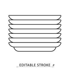 A stack of plates icon in minimalist style with editable stroke. Kitchen tableware, dish set, organized dishes, serving items, household object, ceramic cookware, outline drawing