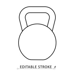 A kettlebell icon in minimalist style with editable stroke. Strength training, gym equipment, weightlifting tool, fitness object, bodybuilding gear, workout element, outline vector illustration.