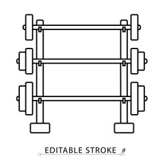 A weight rack icon in minimalist style with editable stroke. Dumbbell storage, gym equipment, fitness training, bodybuilding gear, strength workout, lifting tools, outline object, vector illustration.