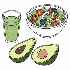 Green smoothie salad and avocados blueberries tomatoes