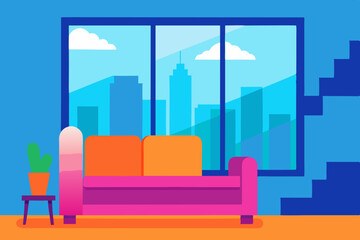 Naklejka premium A Vibrant Cartoon Illustration Of A Modern Living Room With Colorful Furnishings