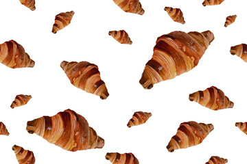 Fototapeta premium Realistic seamless croissant pattern on transparent background. Bakery, pastries, French buns