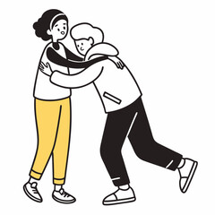 Two people hugging with yellow pants embrace friendship