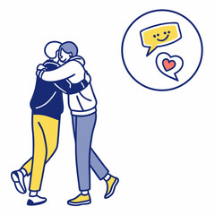 Two people hugging with happy chat bubble embrace friendship