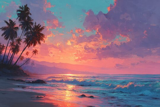 Breathtaking sunset over a serene beach with gentle waves and palm trees, capturing the essence of tropical tranquility for vacation lovers and wanderlust seekers