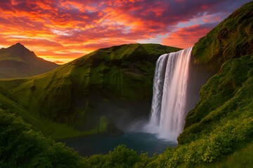 Fototapeta premium Majestic Waterfall Cascading Through Vibrant Green Landscape at Sunset