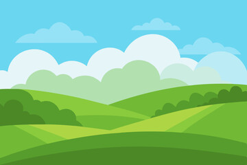 Obraz premium A Simple Cartoon Landscape Of Lush Rolling Green Hills Under A Bright Summer Sky