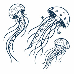 Navy blue jellyfish illustrations marine life ocean