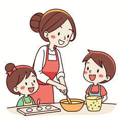 Cheerful mother and children baking together cooking