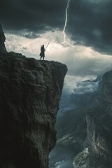 Solitary warrior stands against stormy sky on mountain cliff edge