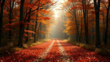 Obraz premium A path covered in autumn leaves through a dense forest