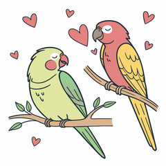Green and pink parrots on branches with hearts lovebirds