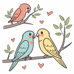 Three colorful birds perched on branches with leaves and hearts