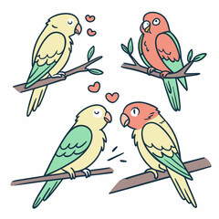 Cute lovebirds perched on branches with hearts parrots