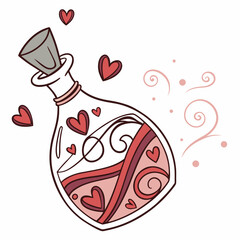 Enchanting potion bottle with swirling hearts and magical essence