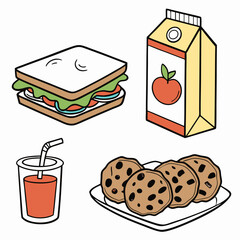 Sandwich drink cookies juice carton vector
