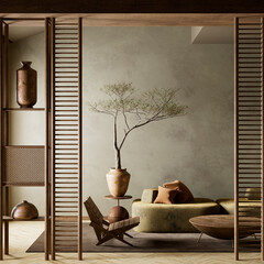 Serene earth-toned living room with natural wood accents and minimalist decor. 3D illustration