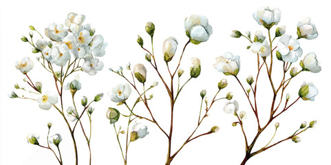 Gypsophila flowers isolated on white background. a cluster of delicate white baby's breath flowers, isolated white background, minimalistic art style