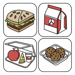 Lunchbox meal icons sandwich drink apple pizza cookies