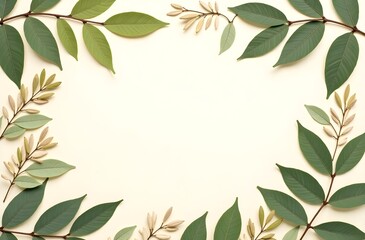 Naklejka premium Pressed Leaves and Recycled Paper Background for Nature Journals in Soft Moss, Fern, and Oat Tones with Clean Botanical Layout