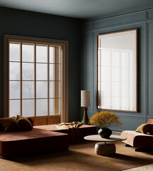 A harmonious blend of modern design and warm earthy elements in a stylish living room. 3D illustration