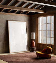 A harmonious blend of modern comfort and Japanese inspired interior elegance. Mock up poster frame. 3D illustration.